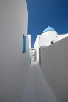 Thira Prints: White street and church in Santorini (Thira), Cyclades, Greek Islands, Greece, Europe