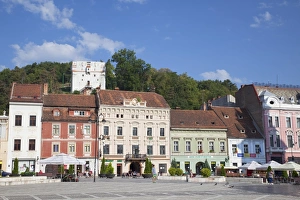 Brasov Prints: White Tower and buildings in Piata Sfatului, Brasov, Transylvania, Romania, Europe