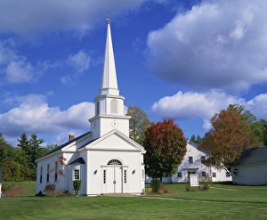 New Hampshire Prints: White wooden church in the Shaker village of Canterbury