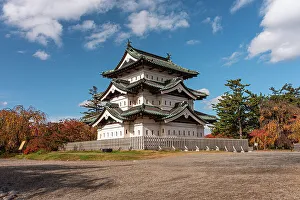 Public Park Prints: Wide angle view of the Samurai castle in autumn, Hirosaki, Honshu, Japan, Asia