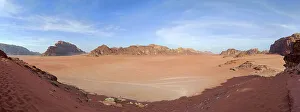 Wadi Rum Prints: Wide panorama of the plain of Wadi Rum desert, Jordan, Middle East