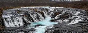 Cascades Prints: Wide Panoramic view of the Blue Waters of Bruarfoss Waterfall, Bruarfoss, Iceland