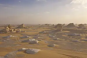 Arid Landscapes Prints: Wind-eroded sculptures of calcium rich rock in The White Desert near Bahariya