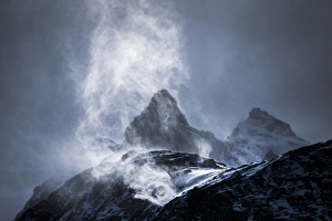 View From Below Prints: Wind sweeping snow off mountains, Torres del Paine National Park, Patagonia, Chile