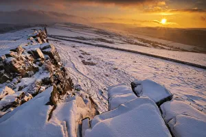 Cheshire Prints: Windgather Rocks at sunset in winter, near Kettleshulme, Cheshire