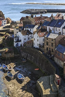 Coastal Village Prints: Winding alleys of village, fishing boats and sea, elevated view in summer, Staithes