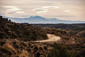 Granada Prints: Winding dirt road through arid hills leading to mountains in the background in Granada
