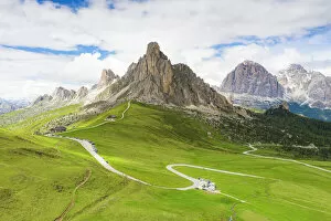 Dolomites Gallery: Winding road of Giau Pass in the green landscape with Ra Gusela