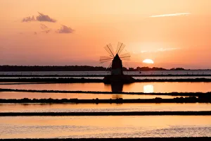 Trapani Prints: Windmill at sunset, Saline dello Stagnone, Marsala, province of Trapani, Sicily, Italy
