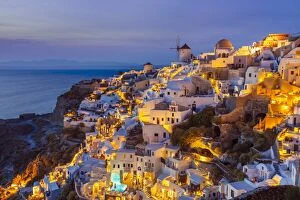 Traditionally Greek Gallery: Windmill and traditional houses after sunset, Oia, Santorini (Thira), Cyclades Islands