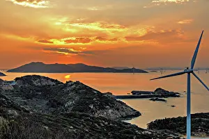 Windmills Prints: Windmills in a golden sunset, Pingtan Island, Fuzhou City, Fujian Province, China