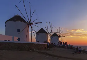 Windmills Kato Mili at sunset, Mykonos Town, Mykonos, Cyclades Islands, Greek Islands