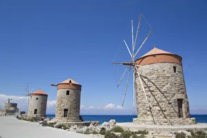 Windmills Prints: Windmills of Mandraki, Fort of St. Nicholas in the background, Mandraki Harbour, Rhodes