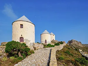 Windmills Prints: Windmills of Pandeli with Medieval Castle in the background