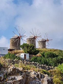 Windmills Prints: Windmills of Patmos Chora, Patmos Island, Dodecanese, Greek Islands, Greece, Europe