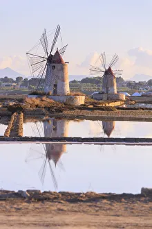 Trapani Prints: Windmills and salt flats at dawn, Saline dello Stagnone, Marsala, province of Trapani