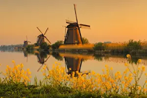 South Holland Prints: Windmills at sunrise, Kinderdijk, UNESCO World Heritage Site, South Holland, Netherlands