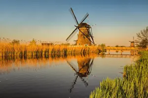Connections Prints: Windmills at sunset, Kinderdijk, UNESCO World Heritage Site, South Holland, Netherlands