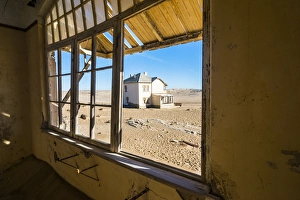 Luderitz Prints: Window of an old colonial house, old diamond ghost town, Kolmanskop (Colemans Hill)