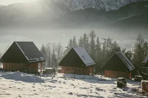 Cabin Prints: Winter houses in Zakopane with snow-covered roofs near High Tatras in Poland during the cold season