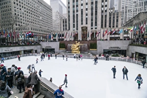 Ice Rink Prints: The winter ice skating rink in Rockefeller Plaza, New York City, United States of America