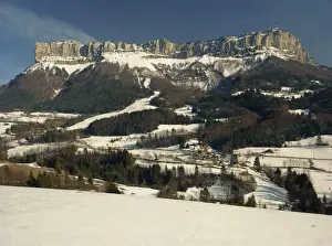 Rock Cliff Prints: Winter landscape with snow and mountains in the Chartreuse near Chambery