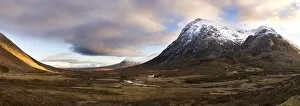 Moor Collection: Winter panoramic view of Rannoch Moor showing lone whitewashed cottage on the bank of a river