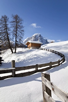 Images Dated 7th March 2009: Winter snow covered mountain hut in front of Sassolungo mountain, 3181m