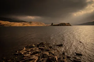 Typically Scottish Prints: Winter sun lights Ardvreck Castle, Loch Assynt, Scotland, United Kingdom, Europe