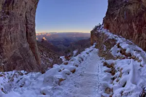 Hiking Trail Prints: A winter sunrise view of Grand Canyon Arizona from Bright Angel Trail on the South Rim just past the second tunnel