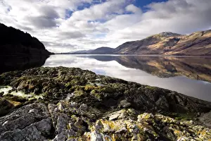 Fort William Prints: Winter view of Loch Linnhe in calm weather with reflections of distant mountains
