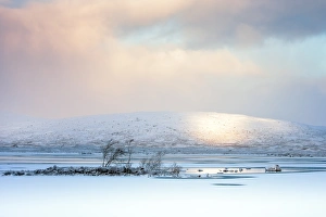 Moor Prints: Winter view across Lochain na h achlaise at dawn, Rannoch Moor, Highland, Scotland
