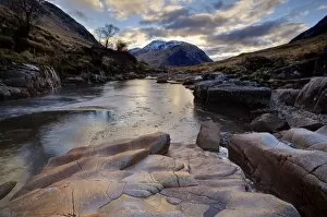Images Dated 12th February 2010: Winter view along partly-frozen River Etive towards distant mountains, Glen Etive