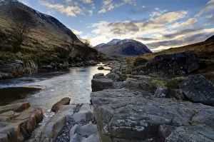 Etive Prints: Winter view along partly-frozen River Etive towards distant mountains, Glen Etive