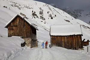 Huts Prints: Winter walk on snowy path through wooden barns around San Pellegrino Pass