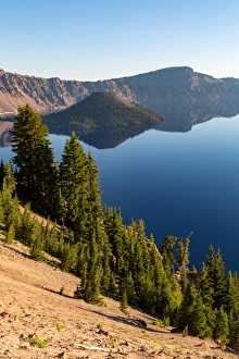Cascade Range Prints: Wizard Island and the still waters of Crater Lake, the deepest lake in the U. S. A