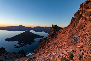 Cascade Range Prints: Wizard Island and the still waters of Crater Lake at dawn, the deepest lake in the U