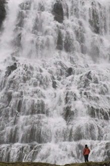 Woman admiring Dynjandi waterfalls, Westfjords, Iceland, Polar Regions