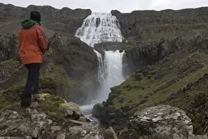 Woman admiring Dynjandi waterfalls, Westfjords, Iceland, Polar Regions