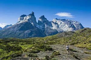 Woman enjoying the incredible mountains of the Torres del Paine National Park, Patagonia, Chile, South America