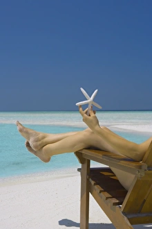Images Dated 5th February 2009: Woman holding seastar on the beach, Maldives, Indian Ocean, Asia