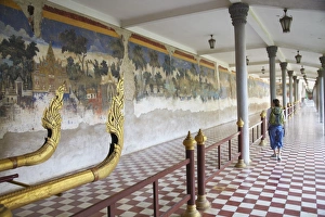 Back Pack Prints: Woman looking at murals at Silver Pagoda in Royal Palace