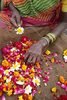 Indian Culture Gallery: Woman making and selling garlands outside a Hindu temple, Goverdan, Uttar Pradesh, India