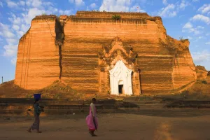 Natural Disaster Prints: Woman and nun walk past paya damaged by earthquakes, Mingun Paya, Mingun