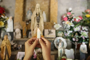 Chapels Prints: Woman praying in a chapel, Les Contamines, Haute-Savoie, France, Europe