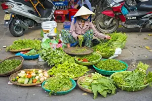 Selling Prints: Woman selling herbs and vegetables at the central market in Hoi An, Quang Nam Province