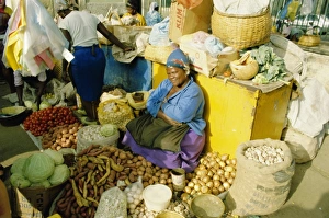 Bags Prints: Woman selling vegetables in the city market, Praia, Santiago Island, Cape Verde Islands