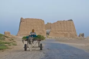 Woman sitting on a donkey cart, Merv, UNESCO World Heritage Site, Turkmenistan