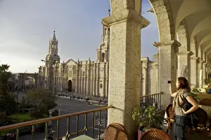 One Woman Prints: Woman taking photograph of Arequipa Cathedral (la catedral) Plaza de Armas