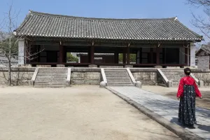 Typically Korean Prints: Woman in traditional dress at King Wang Kons Mausoleum